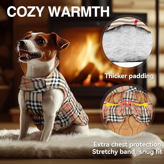 VIVAGLORY Softjoy Dog Coat, Dog Jacket for Winter & Christmas, Coat with Harness Hole & Velcro Closure, Reversible Plaid Checkered Warm Fluffy Heavy Duty for Puppy, S, Khaki