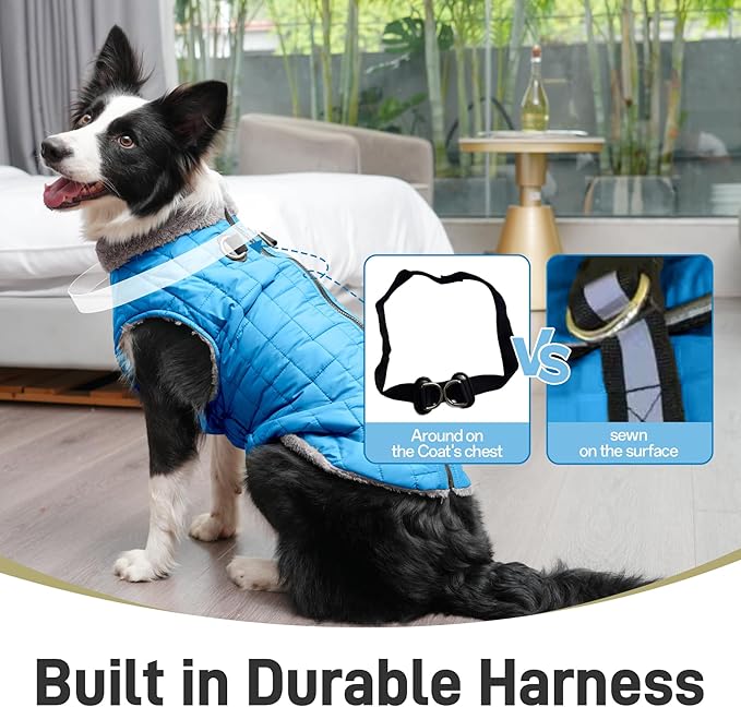 Warm Fleece Dog Coats with Durable Harness Buitl in D-Ring,Waterproof Puppy Jacket for Small Dogs,Dog Vest for Cold Winter,Light Blue S