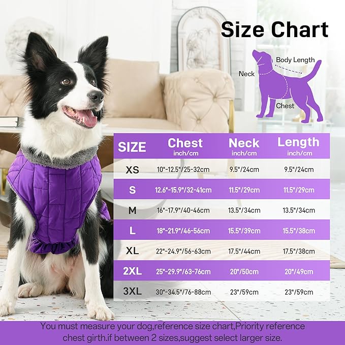 Warm Fleece Dog Coats with Durable Harness Buitl in D-Ring,Waterproof Doggie Jacket for Medium Dogs,Dog Vest for Cold Winter,Purple XL