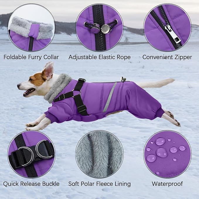 BRKURLEG Purple Dog Coat with Harness, Dog Winter Jacket, Dogs Onesie Body Warm Jackets, Small Dogs Winter Coats Reflective Windproof Warm Cold Weather Coats, Pet Waterproof Jackets, M