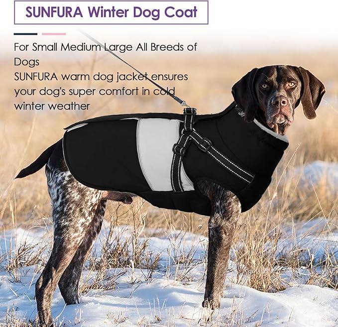 SUNFURA Small Dog Coat with Harness Built in, Warm Dog Jacket Winter with Zipper On Back, Waterproof Pet Snow Jacket Snowsuit Pet Sweater Clothes for Schnauzer, Yorkshire Terrier, Black S