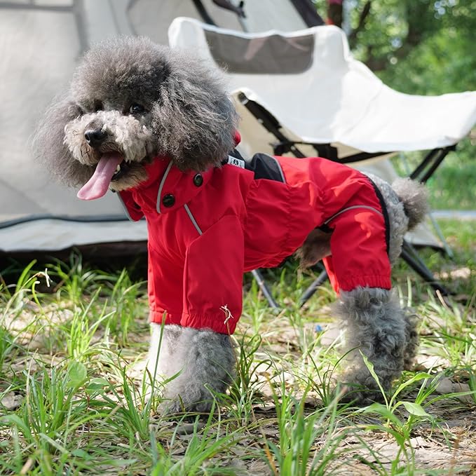 LOVELONGLONG Fleece-Lined Dog Raincoat with Removable Hood – Waterproof Winter Full Body Dog Jacket – Windproof Snowproof Cold-Weather Suit – Red-F 3XL