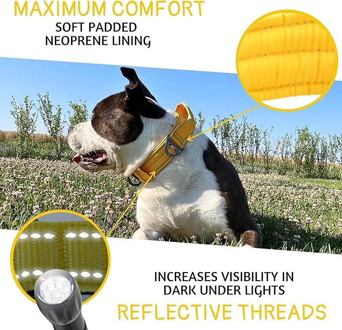 ADITYNA Heavy Duty Dog Collar for Large Dogs - Reflective Yellow Collar with Handle for Training, and Walking - Wide, Thick, Tactical, Soft Neoprene Padded