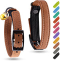 Leather Cat Collar with Bell and Safety Elastic Strap Breakaway Alternative for Small & Large Kittens, Stylish Pet Leather Collar for Boy, Girl Cats with Metal Buckle & QR ID Tag (Brown)