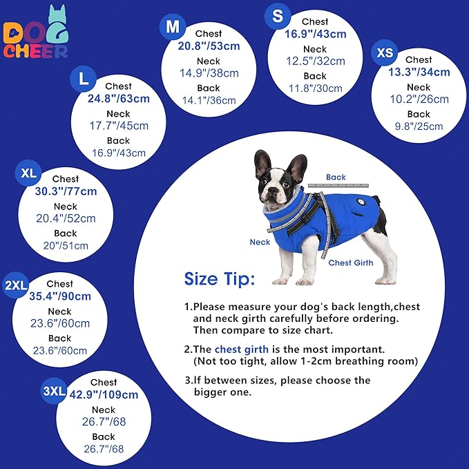 Dogcheer Dog Coat, Waterproof Dog Winter Jacket with Harness, Reflective Adjustable Doggy Cold Weather Coats, Christmas Pet Fleece Snowsuit for Small Medium Large Dogs - Blue, 2XL