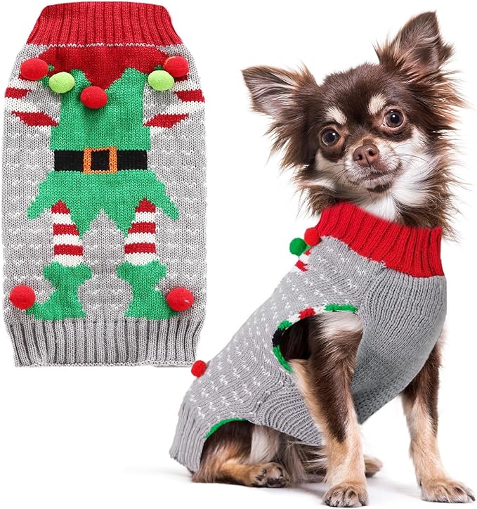 PETCARE Dog Christmas Sweater Ugly Elf Clown Cat Sweater Vest Pet Jumper Grey Green Holiday Dog Clothes Puppy Sweaters for Small Medium Large Dogs Cats Fall Winter Outfits Xmas Dogs Costume,Medium