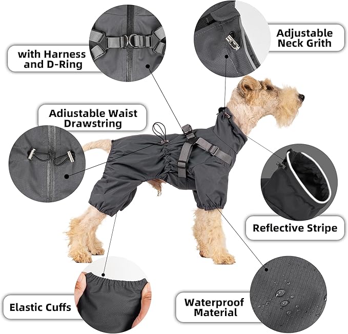 Mile High Life Waterproof Dog Raincoat, Full Coverage Small Dog Rain Coat with Harness, Adjustable 4 Legs Puppy Rain Jacket with Reflective Strip and Elastic Cuffs (Black, L Back Length 16.1")
