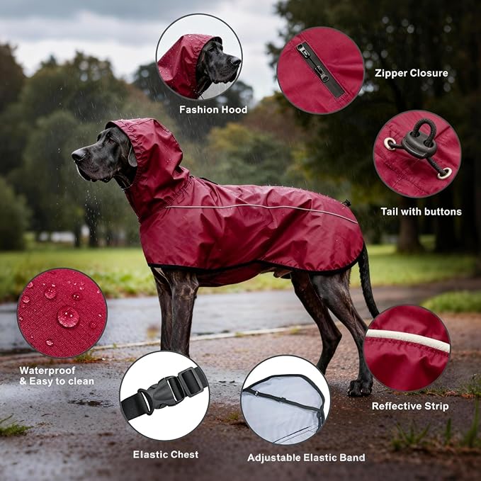 Mosucoirl Dog Raincoat Jacket Reflective Adjustable Hooded Pet Poncho Rain Coats with Leash Hole Waterproof Clothes for Small Medium Large Dogs (Red, S)