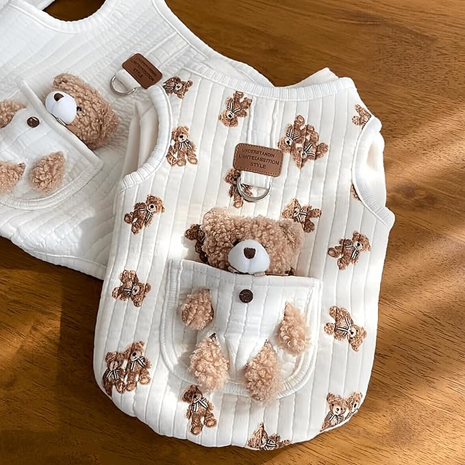 Cute Pet Apparel Plush Bear Pattern Cartoon Dog Clothes All Season Sleeveless Puppy Kitten Pullover Soft Skin-Friendly (White1, S (2.2-4.4lbs))
