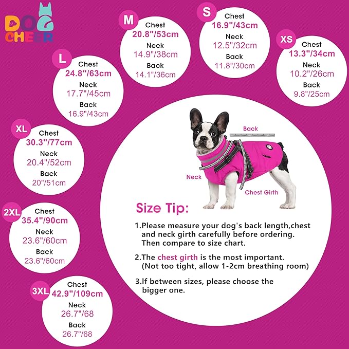 Dogcheer Dog Coat with Harness, Waterproof Dog Jacket Christmas Pet Winter Coat with Pockets, Reflective Doggy Turtleneck Fleece Jacket for Small Medium Large Dogs - Pink, M