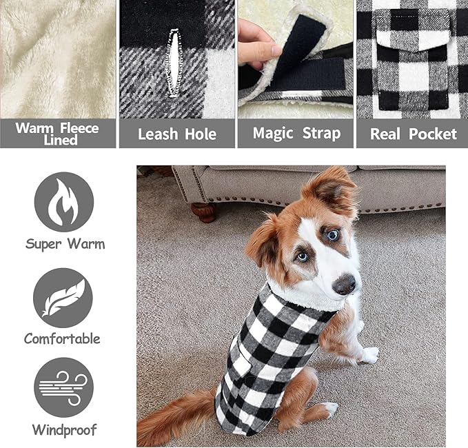Malier Classic Plaid Fleece Dog Coat Jacket - Windproof Warm Winter Pet Clothes Apparel for Small to Large Dogs (White, Small)