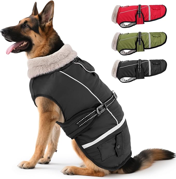 Dog Coat, Warm Dog Winter Coat Reflective Jacket Waterproof Fleece Vest, Pet Jacket Cozy for Cold Weather, Dogs Snowsuit Windproof, Adjustable Buckle for Large Dogs