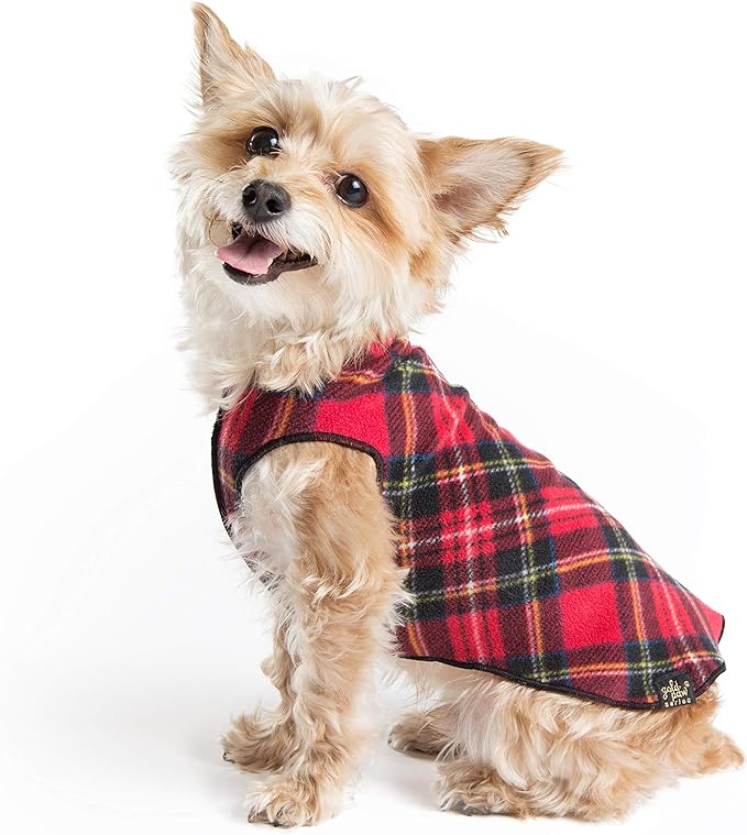 Goldpaw Stretchy Fleece Jacket for Small Dogs - Super Soft, Warm Dog Sweater - Pet Sweater Vest for Fall and Winter - Canine Clothes Made in The USA - Machine Washable - Red Classic Plaid - Size 28