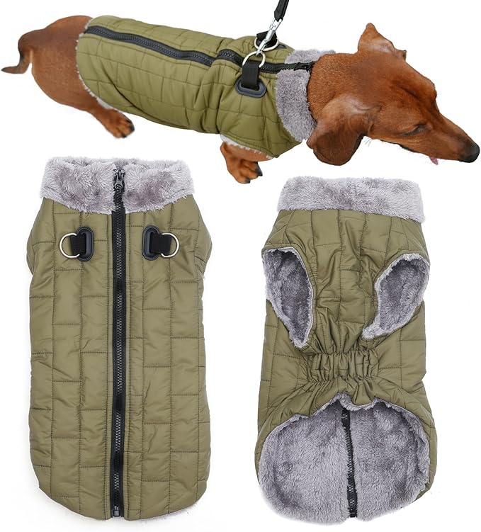 Warm Fleece Dog Coats with Durable Harness Buitl in D-Ring,Waterproof Doggie Jacket for Medium Dogs,Dog Vest for Cold Winter,Green L