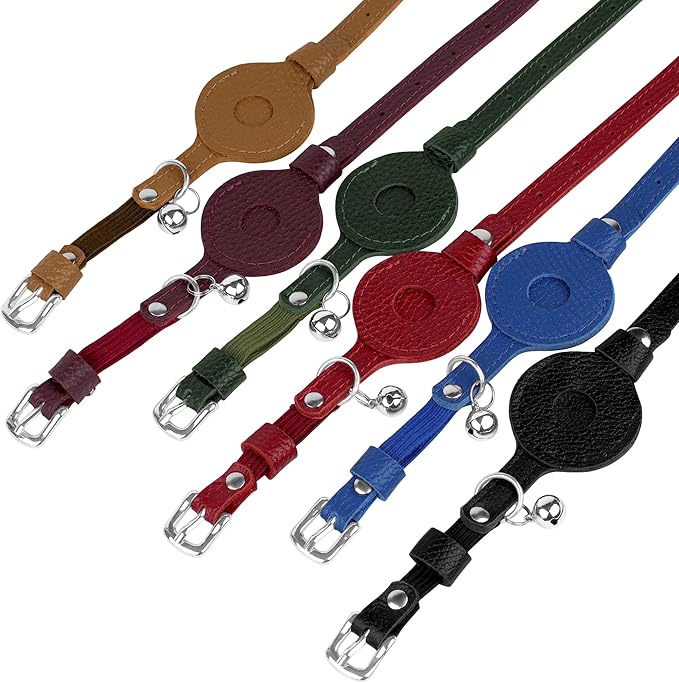 OOPSDOGGY Cat Collar for AirTag Holder, Leather Kitten Collars with Elastic Strap & Bell, Non Breakaway Adjustable Small Pet Collars for Indoor & Outdoor for Boy, Girl (Blue)