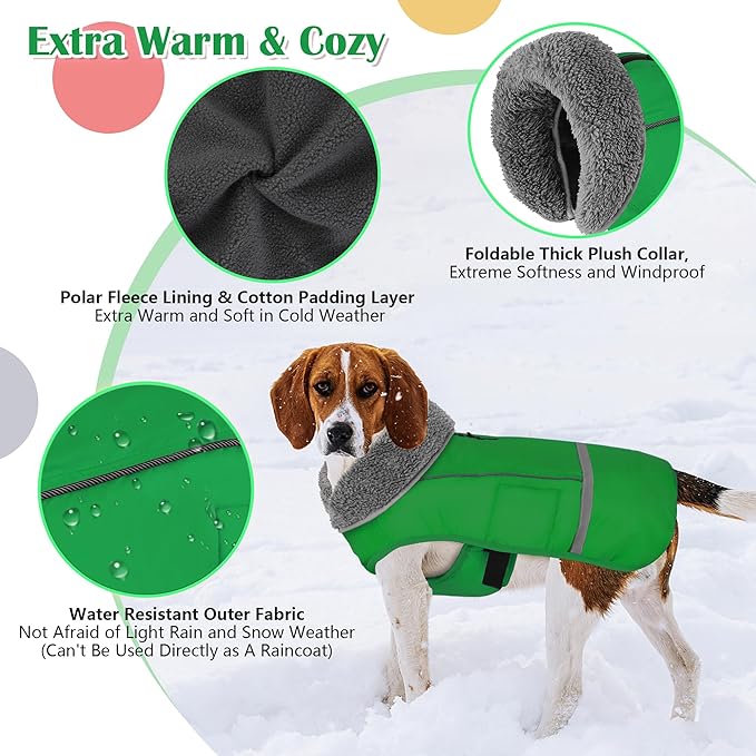 Dogcheer Warm Dog Coat, Waterproof Dog Jacket Christmas Puppy Winter Coat with Buckle, Reflective Adjustable Pet Snow Jacket Turtleneck Fleece Sweater for Small Medium Large Dogs - Green, S