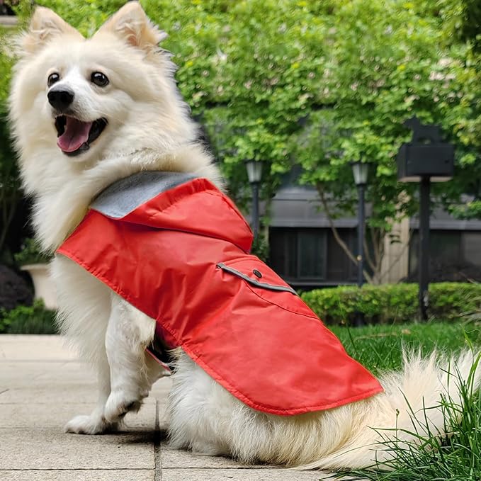 Dog Raincoat Dogs Rain Jacket Reflective Poncho Rainwear Waterproof Pet Clothes Warm Lined Pocket Hooded Leash Hole Adjustable for Puppy Small Dogs,Red,M,Back Length 10.0 Inch