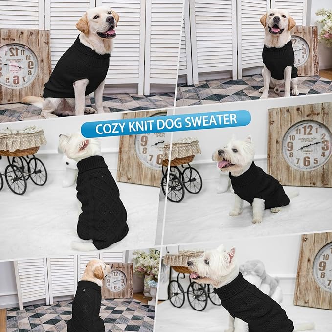 Mihachi Turtleneck Dog Sweater - Winter Coat Apparel Classic Cable Knit Clothes with Leash Hole for Cold Weather, Ideal Gift for Pet in New Year Black Small