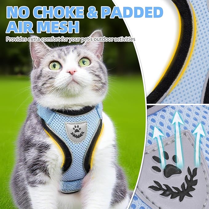 PUPTECK Cat Harness and Leash Set Escape Proof Reflective Cat Walking Harness Adjustable Soft Breathable Mesh Vest for Small Pets, Sky Blue, S