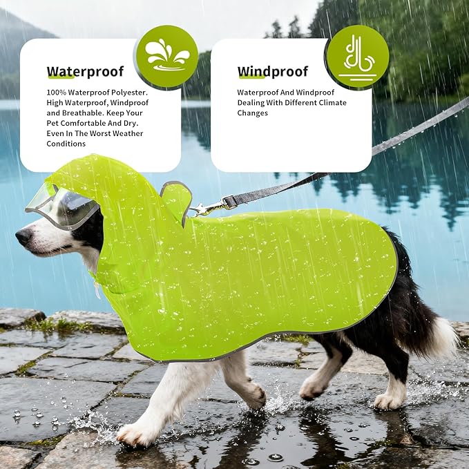 Dog Raincoat, Waterproof Windproof Dog Rain Jacket with Hood, Rain Coat with Leash Hole, Adjustable Raincoat Poncho for Small Medium Large Dogs Outdoor (Neon Yellow, X-Large)