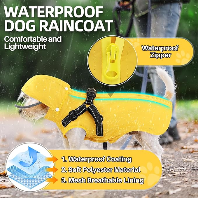 SlowTon Dog Raincoat Waterproof - Dog Rain Jacket with Harness and Hood Lightweight, Reflective Dogs Rain Coat for Large Medium Small Dogs Girl Boy Puppy Poncho Pet Clothes (Yellow, S)