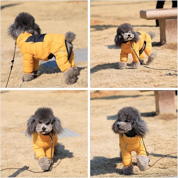 Lovelonglong Dog Coat, Warm Jacket, 4 Legs Covered Waterproof Windproof Reflective Vest, Zippered Adjustable Outdoor Snow Jacket for Small Medium Large Dogs, Yellow, M