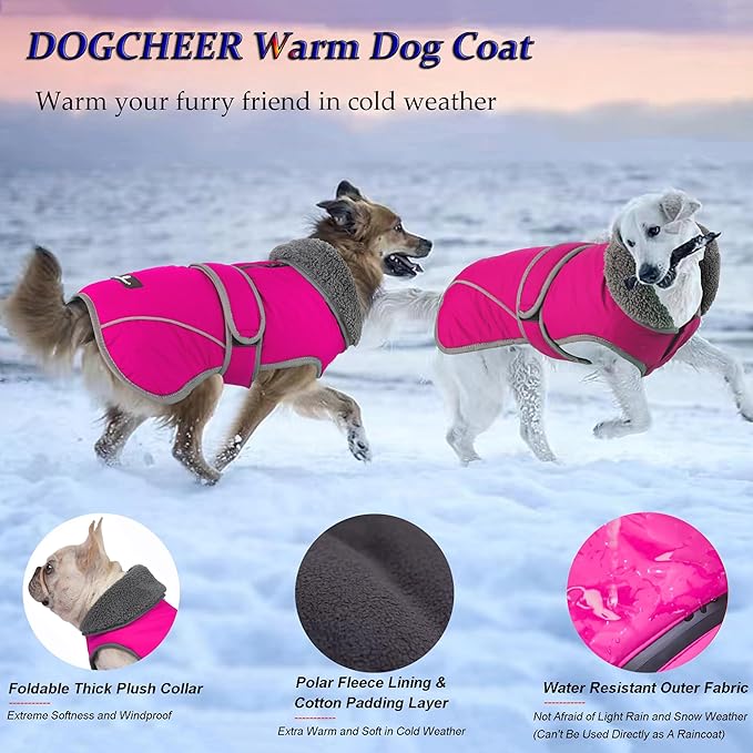 Dogcheer Dog Coat, Waterproof Dog Jacket Reflective Pet Winter Coat with Adjustable Hook & Loop, Christmas Puppy Fleece Jacket Warm Turtleneck Snowsuit for Small Medium Large Dogs - Pink, S