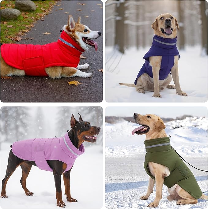 Dog Coat, Waterproof Winter Jacket, Warm Windproof Vest, Reflective Adjustable Turtleneck Coats for Medium and Large Dogs with Hook & Loop - Lilac - L