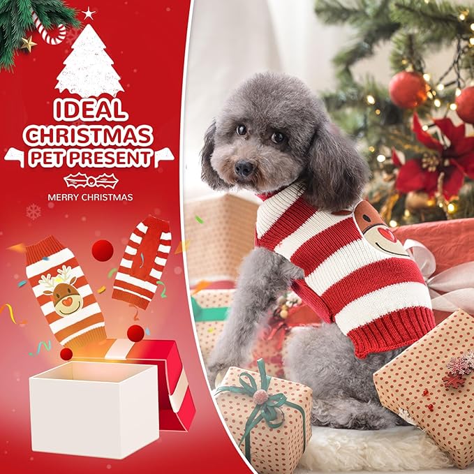 PETCARE Reindeer Christmas Dog Sweater Red Striped Cat Sweater Cartoon Elk Pet Vest Holiday Dog Clothes Puppy Sweaters for Small Medium Large Dogs Cats Fall Winter Outfits Xmas Dogs Costume,XX-Large