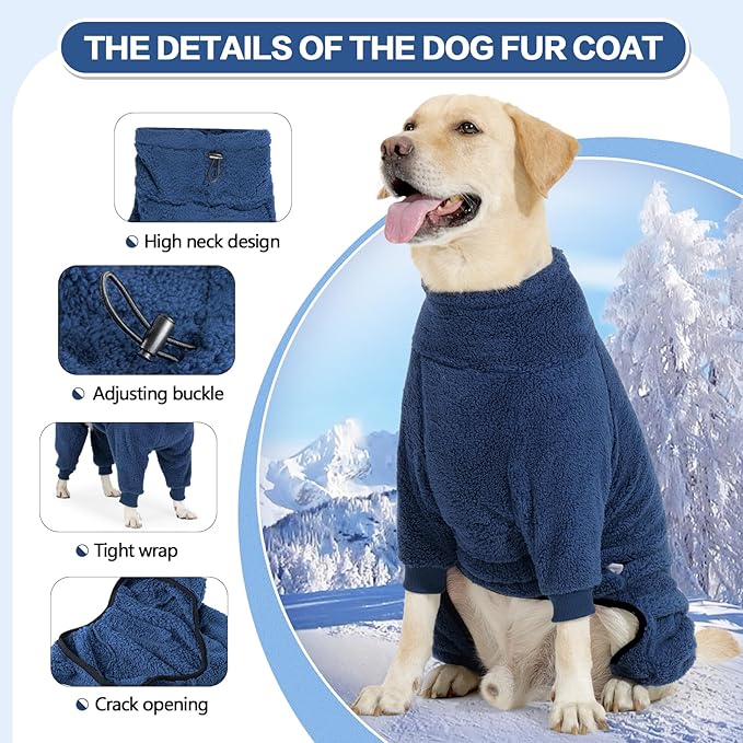 Dog Winter Coat, Warm Fleece Jacket, Windproof Pullover Jumpsuit, Full Body Dog Pajamas Onesie, Cold Weather Clothes for Medium Large Dog(3Xlarge,NavyBlue)