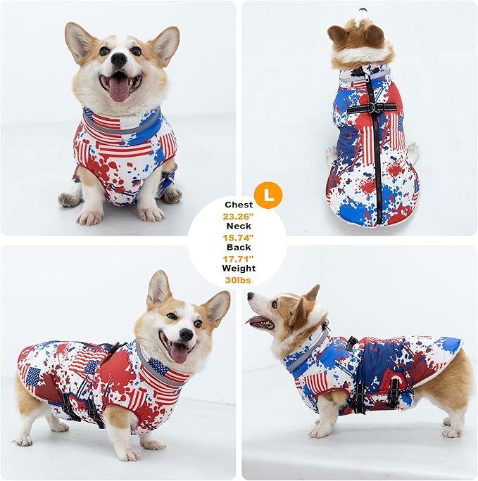 Medium Dog Coat with Harness Built-in, Waterproof Reflective Fleece Lined - Warm Windproof Winter Jacket with Back Zipper, Cold Weather Snow Dog Coats - American Flag - M