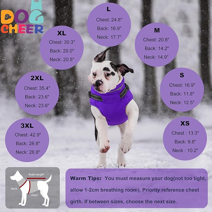 Dogcheer Dog Coat with Harness, Waterproof Warm Dog Winter Jacket with Pockets, Reflective Pet Fleece Jacket Turtleneck Snowsuit for Small Medium Large Dogs - Purple, S