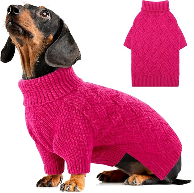 AOFITEE Dog Sweater, Turtleneck Dog Sweaters for Small Dogs Female, Dogs Winter Sweaters Girl Boy, Small Pet Christmas Sweater, Classic Cable Holiday Knitwear for Pug Dachshund (Rose Red, S)