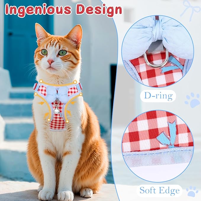 Cat Vest Harness and Leash Set for Walking Escape Proof, Adjustable Kitten Harness and Leash Set Breathable Mesh with Bow Harness for Kitty Puppy Bunny(Red Small)
