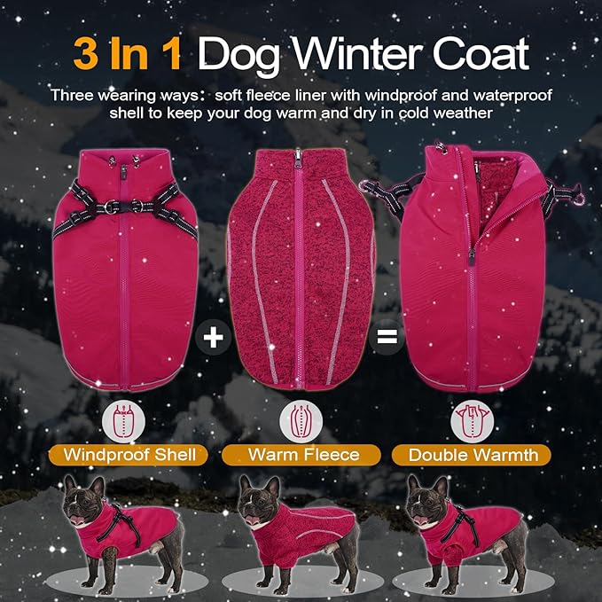 Lelepet Dog Coat 3 in 1 Waterproof Dog Winter Jacket with Harness Built in Windproof Snow Jakcet with Detachable Fleece Sweater Lining Reflective Thermal Cold Weather Coats for Small Medium Large Dogs