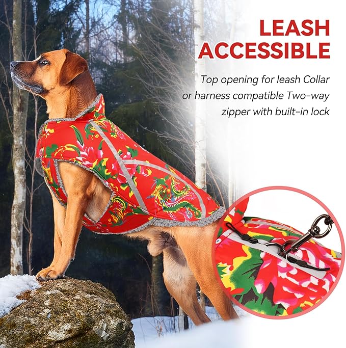 VIVAGLORY Frostfit Dog Coat, Dog Jacket for Winter & Cold Weather, Warm Fluffy Fleece Lined Water Resistant Reflective for Puppy, Coat with Velcro Fastening & Leash Hole, L, Northeast Florals-Red