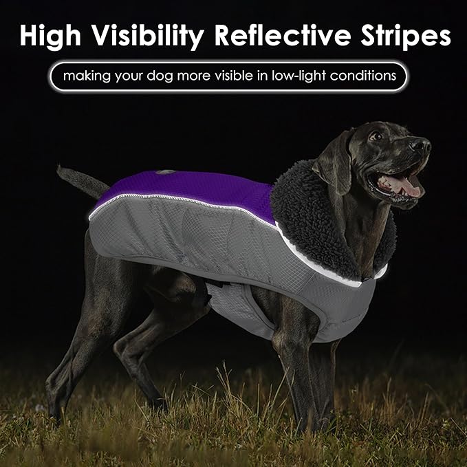 Dog Coat, Waterproof Ripstop Dog Winter Jacket with Leash Hole, Reflective Adjustable Warm Pet Fleece Snow Sweater for Small Medium Large Dogs - Purple, XL