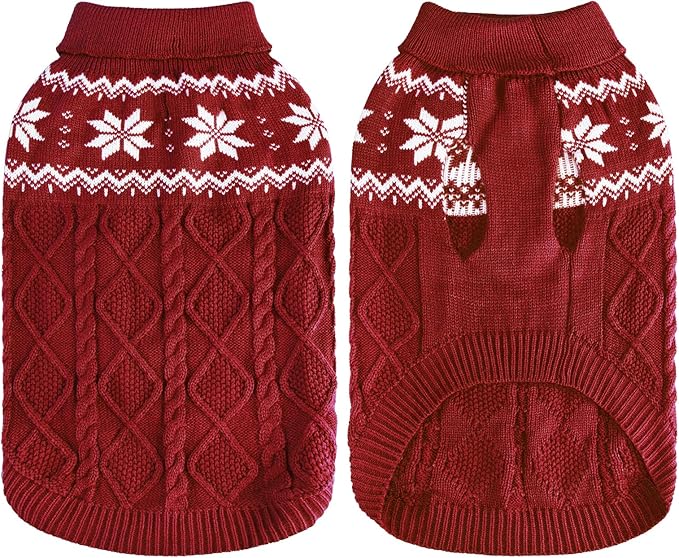 Warm Winter Pink Dog Sweater - Cold Weather Pet Clothes for Small Medium Large Dogs Indoor Outdoor, Soft Classic Knit Puppy Apparel Coat, Dark Red, ML