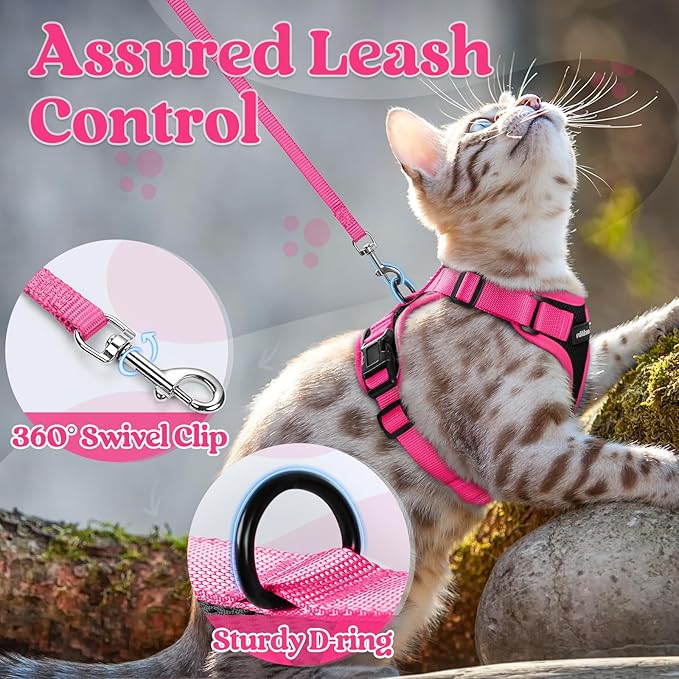 rabbitgoo Cat Harness and Leash Set, Escape Proof Soft Adjustable Vest Harnesses for Outdoor Walking, Easy Control Breathable Kitten Jacket with Reflective Strips, Black & Rose Pink, S