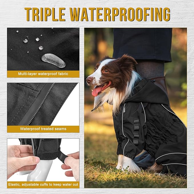 OneTigris Dog Raincoat with Hood for Medium Large Dogs, Waterproof & Reflective, 4 Legs Dog Rain Jacket Adjustable Puppy Poncho for The Rain and Snow (Black, Medium)