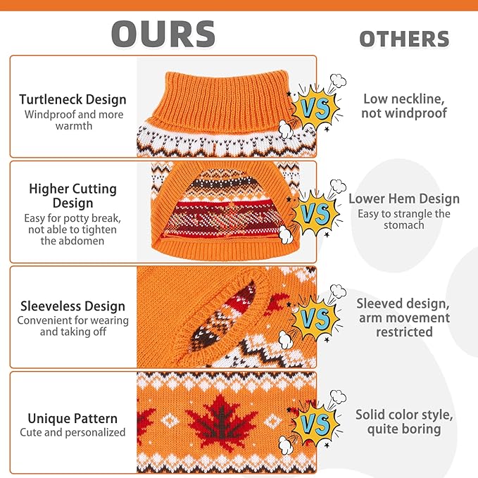 KOOLTAIL Cable Knit Dog Sweater Turtleneck, Cold Weather Pullover Classic Knitwear, Thick Warm Winter Pet Clothes, Fall Maple Leaves Thanksgiving Dog Sweater for Small Medium Large Dogs Cats, Orange S