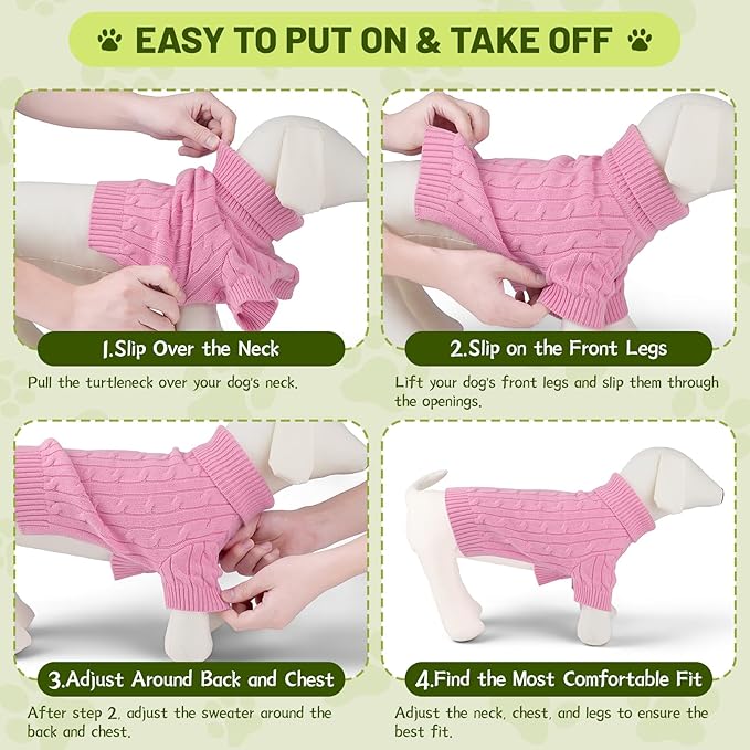 Small Dog Thermal Pullover Sweater, Classic Turtleneck Cable Knitwear Dog Clothes for Cold Weather Warm Pet Clothes for Chihuahua, Bulldog, Dachshund, Pug Pink Small
