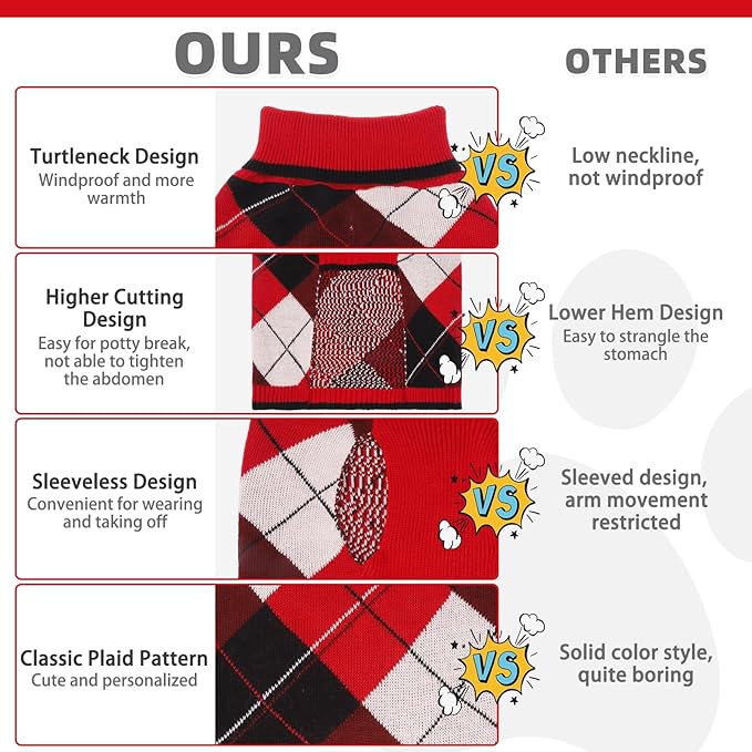 KOOLTAIL Dog Sweater - Thick Warm Plaid Pullover Turtleneck Fleece Dog, Cat, Puppy Christmas Sweater with Leash Hole - Red - S, M, L