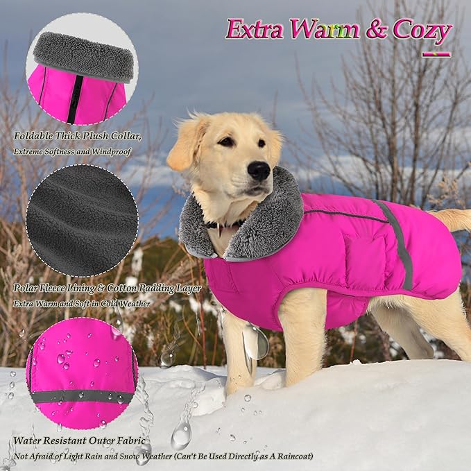Dogcheer Warm Dog Coat, Christmas Dog Jacket Waterproof Puppy Winter Coat with Buckles, Reflective Adjustable Pet Snow Jacket Turtleneck Fleece Sweater for Small Medium Large Dogs - Pink, L