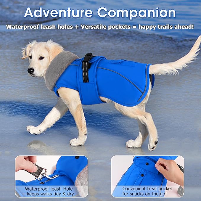 Dogcheer Dog Coat with Pocket, Waterproof Dog Jacket with Adjustable Buckle, Reflective Puppy Winter Coat Warm Turtleneck Fleece SnowJacket for Small Medium Large Dogs - Blue L