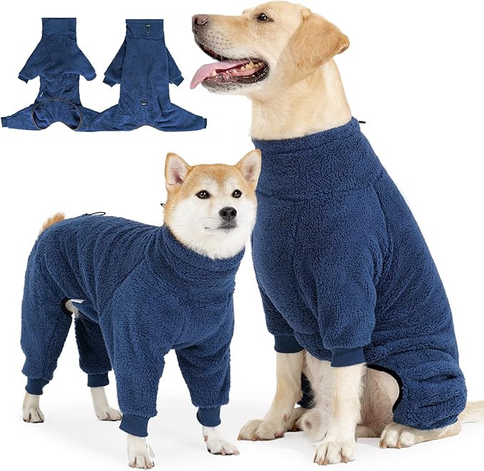 Dog Winter Coat, Warm Fleece Dog Jacket, Windproof Pullover Jumpsuit, Full Body Pajamas Onesie, Cold Weather Clothes for Medium Large Dog(Large,NavyBlue)