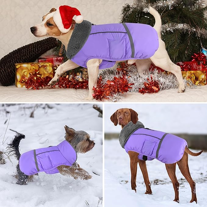Dogcheer Warm Dog Coat, Waterproof Dog Jacket Christmas Puppy Winter Coat with Buckle, Reflective Adjustable Pet Snow Jacket Fleece Sweater for Small Medium Large Dogs - Taro Purple L