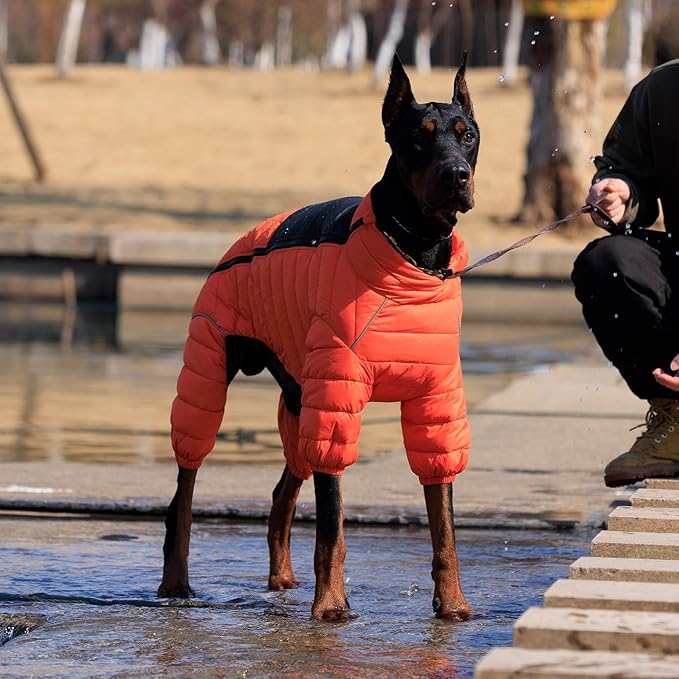 Warm Dog Coat, 4 Legs Covered Waterproof Windproof Reflective Vest, Zippered Adjustable Outdoor Snow Jacket for Small Medium Large Dogs, Orange M