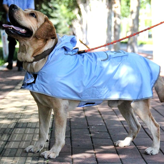 MAMORE Dog Raincoat Reversible,Waterproof Dog Rain Coat Hooded Slicker Poncho with Reflective Strip, Plaid Double Layer Rain Jacket for Small Medium Large Dogs (Light Blue, Medium)