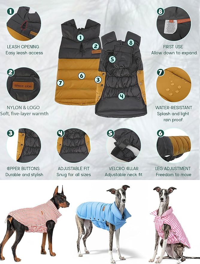SPACE LION Dog Puffer Jacket, Down Winter Coat, Durable Outdoor Coat for Cold and Windy Conditions, Waterproof, Lightweight Jacket, Adjustable Fit for Small, Medium, Large Dogs(BlackKhaki,20/XL)